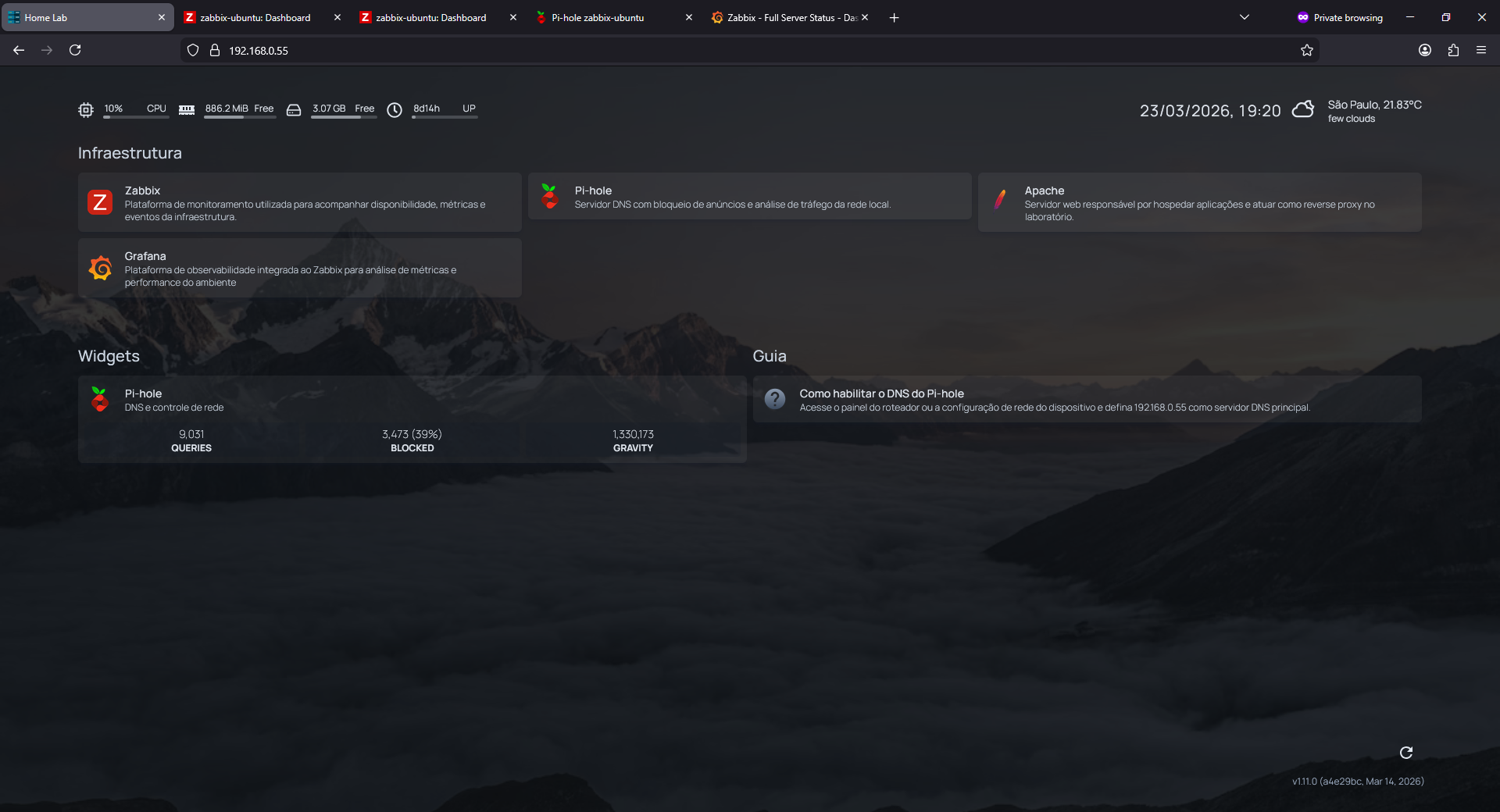 Homepage interna do Home Lab com atalhos para Zabbix, Grafana, Pi-hole e status do host